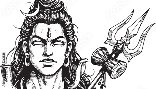 Hindu God - Lord Shiva Portrait with Trident.
