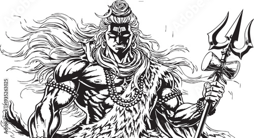 Angry Lord Shiva - Hindu God Shiva with Trident Illustration.