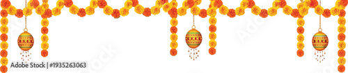 Festive Garland India Graphic – Marigold Flowers with Decorative Ornaments and शुभ Symbols