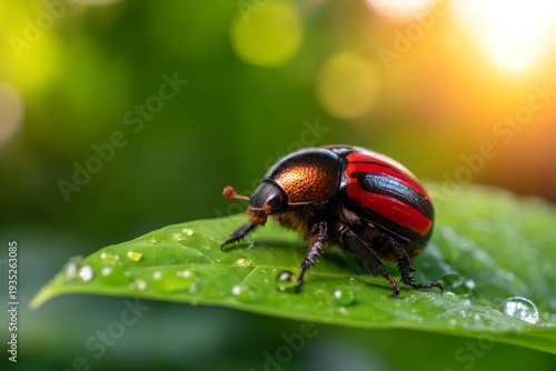 Stunning Papuan Beetle Resting on Lush Jungle Leaf with Sunlight Background
