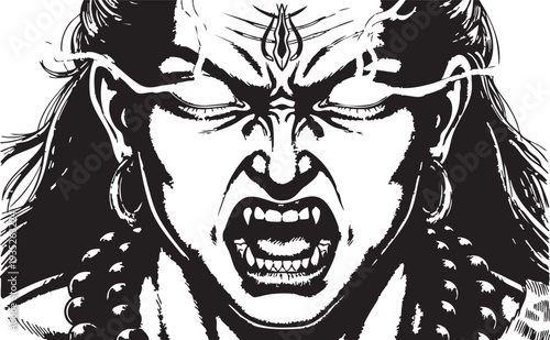 Lord Shiva - Illustration of Angry Hindu God Closeup.