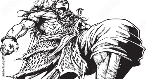 Lord Shiva - Illustration of Muscular Warrior in Action Pose.