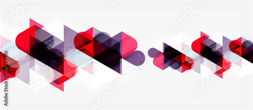 Abstract geometric shapes, reds, purples, whites create dynamic pattern. Minimalist design, modern aesthetic, clean lines present.