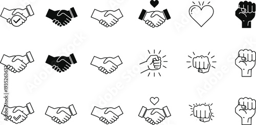 Vector icon set featuring handshakes, fist bumps, heart symbols, and raised fists representing partnership, agreement, unity, strength, and successful business cooperation.