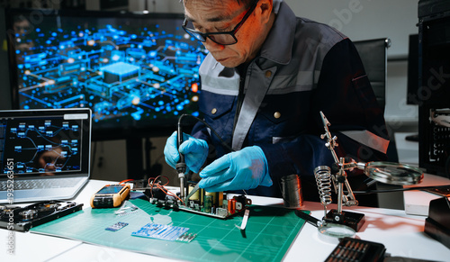 Professional technician soldering power PCB circuit board in electronics lab, showcasing hardware engineering, industrial manufacturing, repair, automation