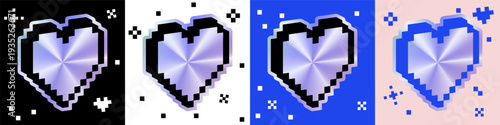 Pixel heart icons with holographic gradient and 3D effect. Retro 8-bit love symbols. Y2K glossy digital stickers with iridescent shine and bold pixel art style. Vector illustration