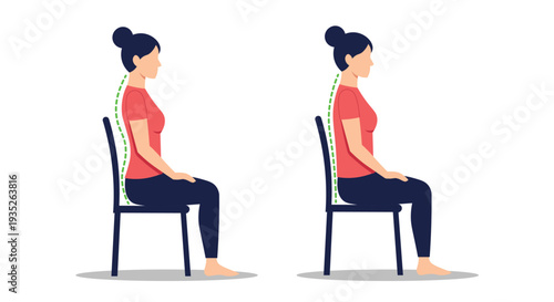 Correct vs Incorrect Sitting Posture – Spine Alignment, Ergonomic Sitting Position and Back Pain Prevention Vector Illustration