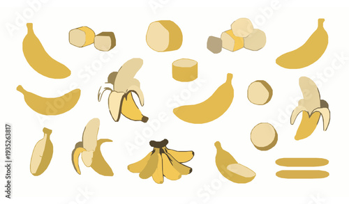 Cute Flat Banana Clipart Set – Stylized Tropical Fruit Icons Vector Isolated on White
