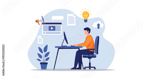 Content Creator Working at Computer – Digital Marketing, Video Content Production and Online Media Concept Vector Illustration