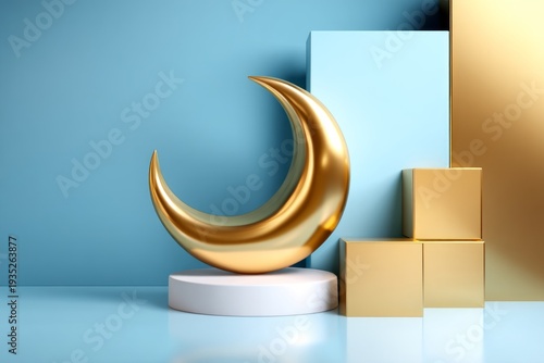 Minimalist 3D Platform with Floating Gold Crescent Moon on Blue Background