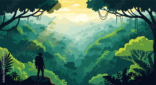Silhouette of a hiker with a backpack standing in a lush green jungle landscape, enjoying the sunrise and vibrant scenery; perfect for adventure and travel themes.