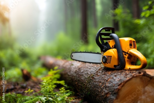 Labor Day Tribute in Forestry with Chainsaw Resting on Cut Log in Lush Green Forest