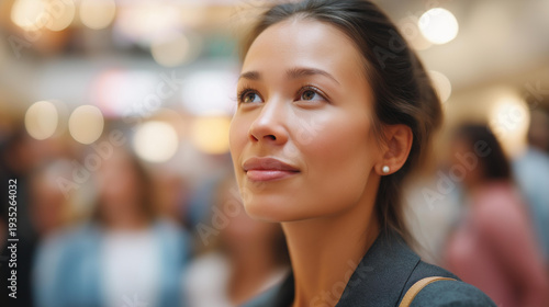 In bright crowded room woman stands out with calm demeanor and focused gaze, creating contrast to blurred bustling background, social distinction moment, faceless serene figure, de
