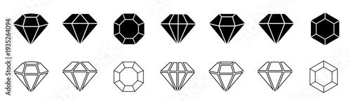 Diamond icon set. Different shapes of diamond cuts. Diamond icon set in flat style. Diamond collection icons. Diamonds logo design. Vector illustration.