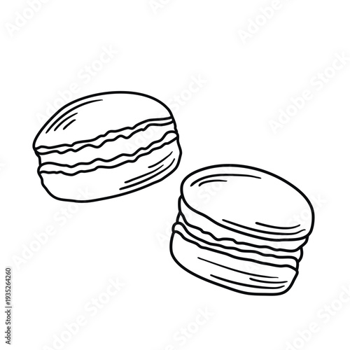Pair of macaroons in doodle sketch style. Simple hand drawn outline illustration of round almond cookie. Sweet pastry clip art, vector graphics