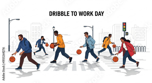 Dribble to Work Day Commuting Basketball Fun Active People Premium Vector Illustration