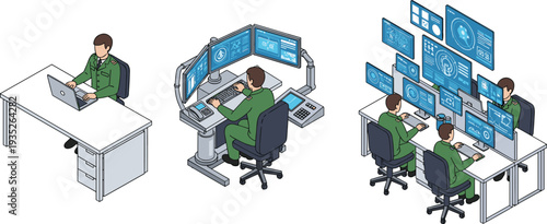 Isometric vector illustration of IT professionals working at computer desks, data center operators, software developers, and technical support engineers in office