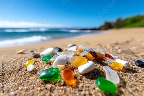 Microplastic Fragments Scattered Across Sandy Beach Under Clear Blue Sky