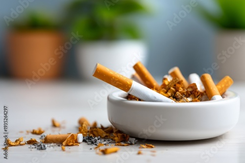 Minimalist Anti-Smoking Scene with Overturned Ashtray and Cigarettes on Table