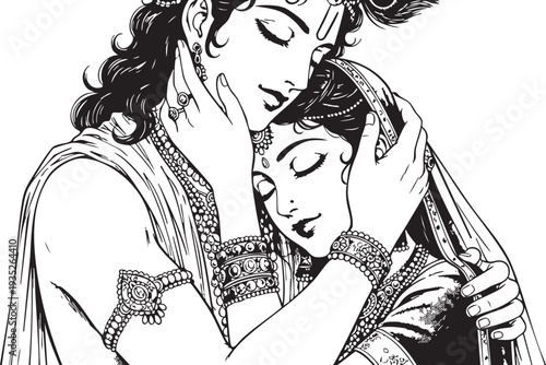 Radha Krishna - Couple Embracing Tenderly with Eyes Closed.