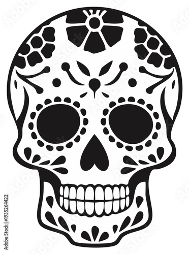 Intricate black and white sugar skull design with floral and circular patterns