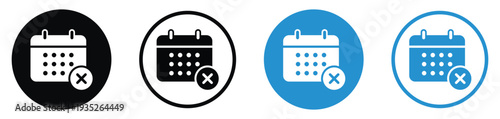 Monthly calendar with a small circular "X" badge icon. Symbol for declined meetings, canceled appointments, and unscheduling tasks. Includes black and blue variations in circle frames.