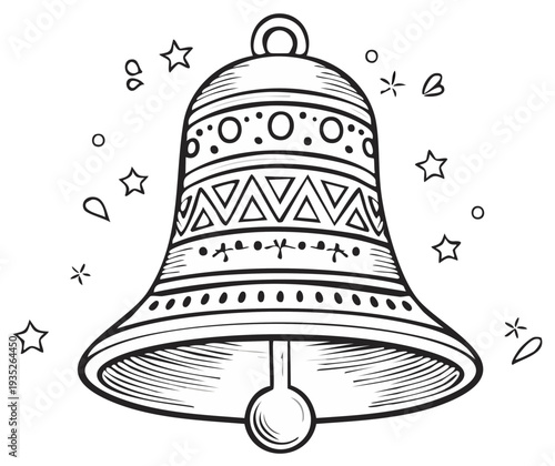 Decorative Christmas Bell Ornament with Stars Hand Drawn Black and White Illustration