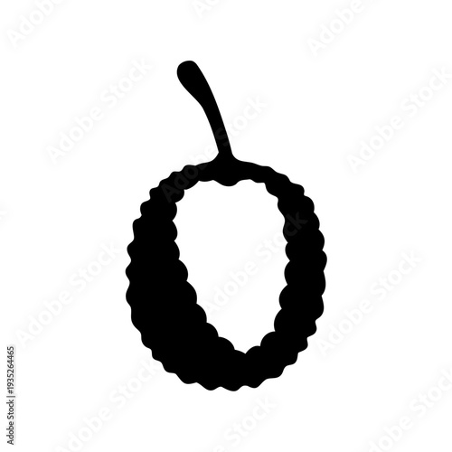Black and white silhouette of a bramble fruit or berry with stem
