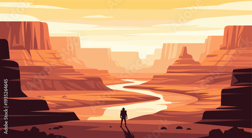 A stylized vector illustration features a lone hiker silhouetted against the majestic Grand Canyon landscape with warm sunset hues, suitable for travel, adventure, and conservation themes.