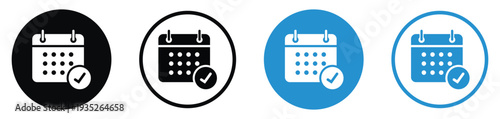 Calendar checkmark icon set in black and blue colors. Symbol for completed tasks, appointment confirmation, scheduled events, and time management success. Vector illustration on white background.