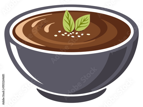 Graphic illustration of a bowl of savory soup, garnished with green leaves and sesame seeds, vector isolated