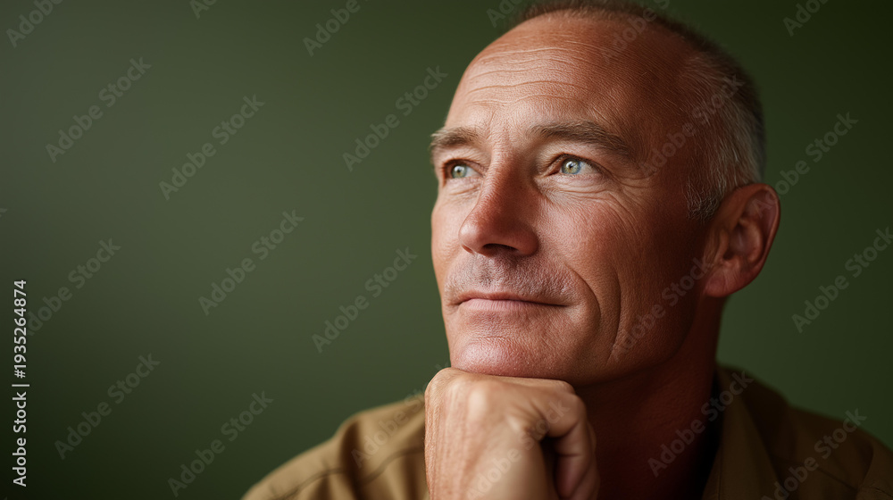 Fototapeta premium Retired veteran dealing with PTSD and social isolation, lost in thought on serene olive-green backdrop, military mental health struggle, faceless contemplative veteran, defocused b