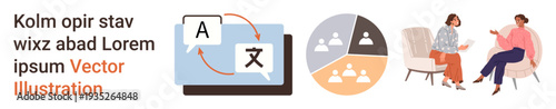 Language translation, data visualization, teamwork, cross-cultural communication, education, business tools. Screen with translation symbols, pie chart people conversing. Language translation