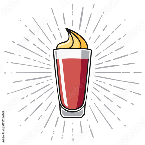 Stylish Cocktail in Glass with Creamy Topping and Bursting Rays Art Illustration