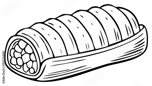 Black and white illustration of a savory meat pastry roll in a serving dish.