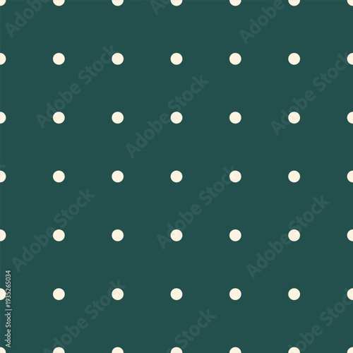 Minimalist seamless vector pattern featuring cream dots on a dark spruce teal base. High-quality flat design ideal for contemporary branding, packaging, and digital surface textures