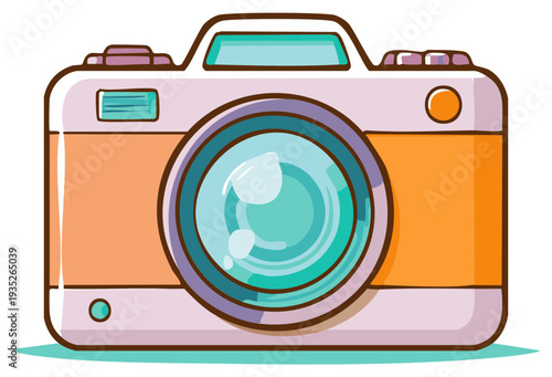 Playful cartoon camera illustration capturing moments with bright colors and charming retro design