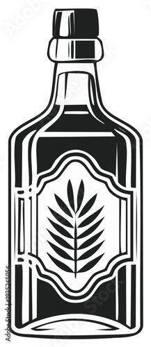 Stylized Liquor Bottle Icon with Emblem of Wheat or Grain Stalks on Label