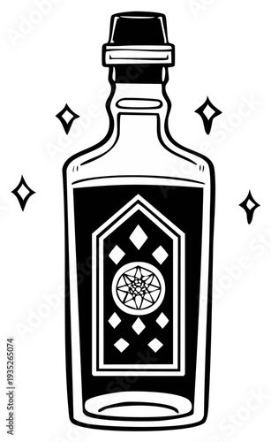Stylized Bottle of Elixir with Label and Geometric Design Accented with Sparkles Decorative Product Graphic