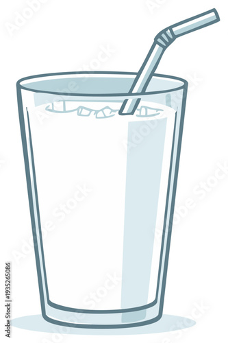 Clear glass filled with refreshing cold drink and ice cubes with a straw