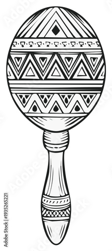 Decorative ethnic maraca with geometric patterns and tribal art illustration