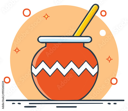 Decorative Pot with Stirring Spoon inside on a Circular Backdrop in Vector Art Style