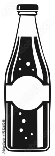 Silhouette of a clear glass bottle with a dark beverage and rising bubbles