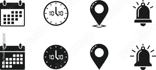 Vector collection of schedule icons, calendar symbols, analog clock for time management, location pin 