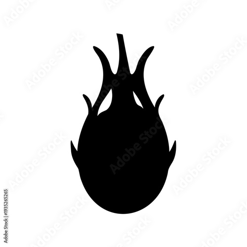 Black silhouette of a dragon fruit with green scales and leaves