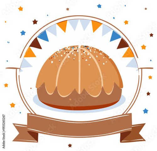 Festive sweet bread cake with colorful sprinkles framed by bunting and a ribbon banner