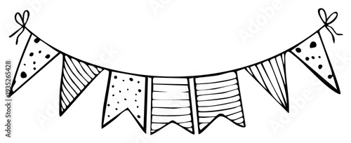 Drawn pennant flags in black and white, hand-drawn bunting banner for celebration.