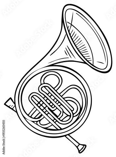 Illustration of a French horn in black and white, musical instrument outline.