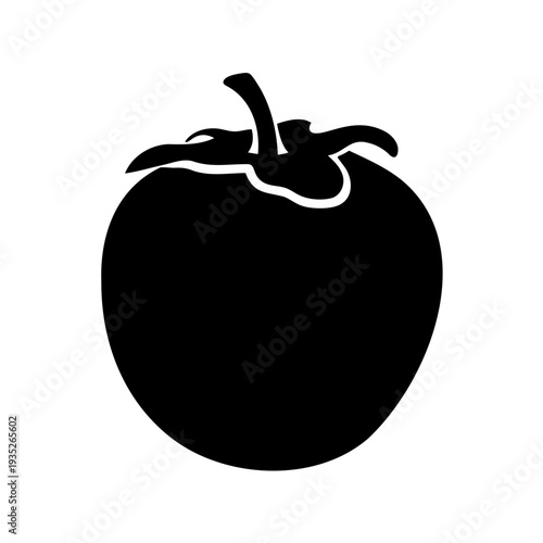 Simple black silhouette of a tomato with stem and leaf elements
