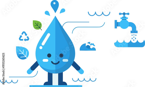 Charming cartoon water drop character illustration, happily promoting environmental sustainability, water conservation, and eco-friendly practices with leaves and recycle symbols